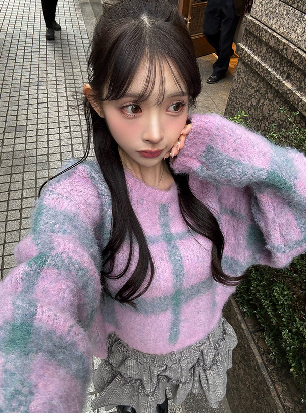 チェック柄ショート丈ブークレニットトップス[dh1297] | レディース