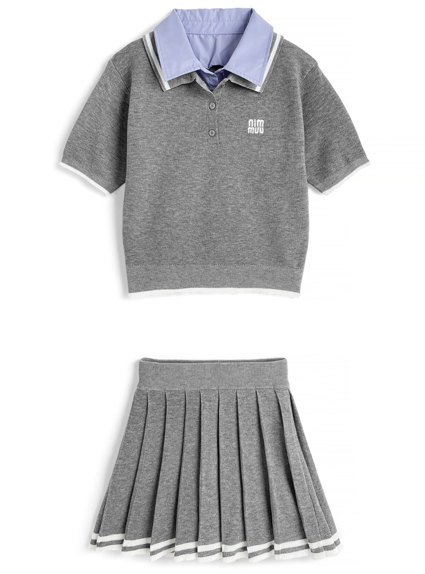 ポロニットトップス×プリーツミニスカートセットアップ[kz678