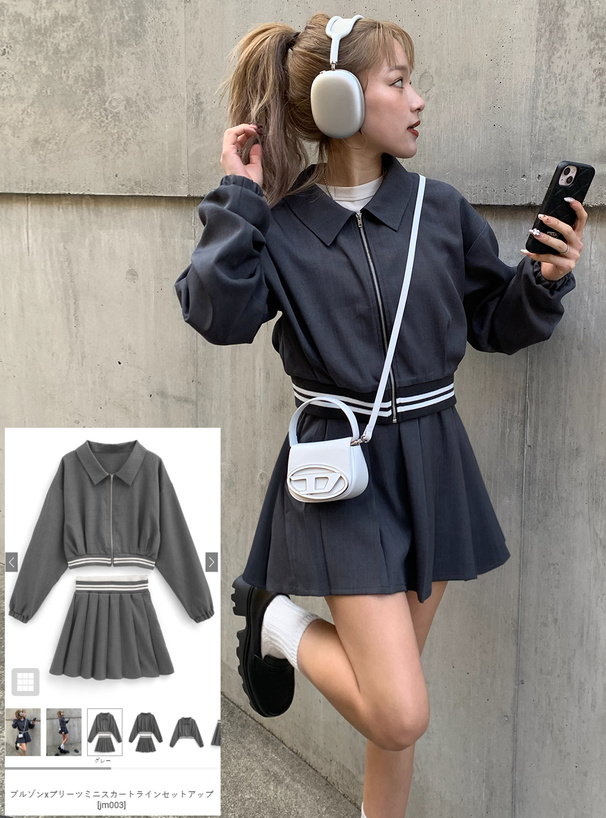ブルゾンxプリーツミニスカートラインセットアップ[jm003