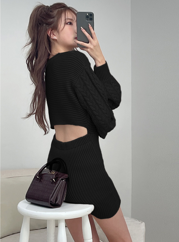 ケーブル編みバックオープンタイトニットミニワンピース[mb1521