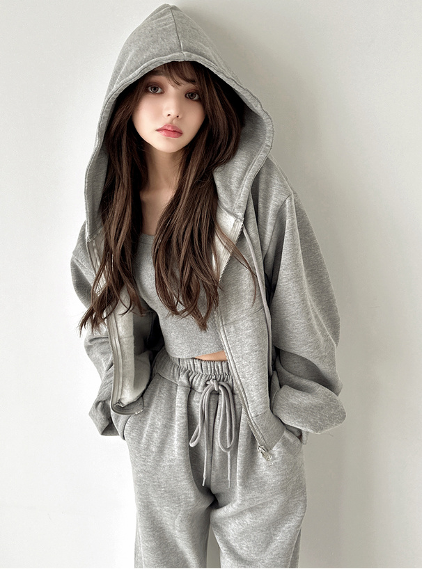 ジップパーカー×キャミ×ワイドパンツ裏起毛セットアップ[pm229