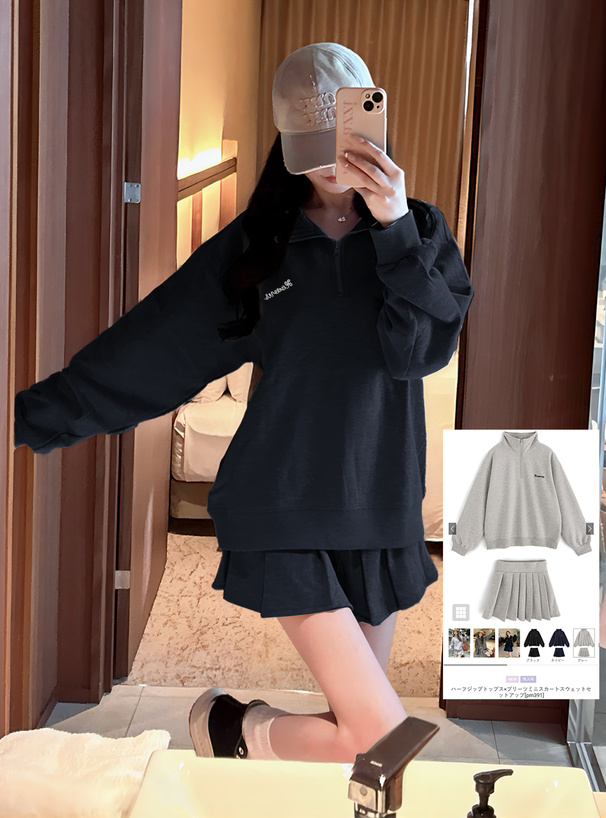 ハーフジップトップス×プリーツミニスカートスウェットセットアップ