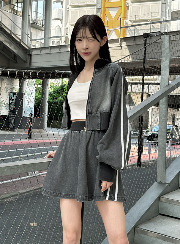 ラインブルゾン×フレアスカートデニムセットアップ[qu91] | レディース