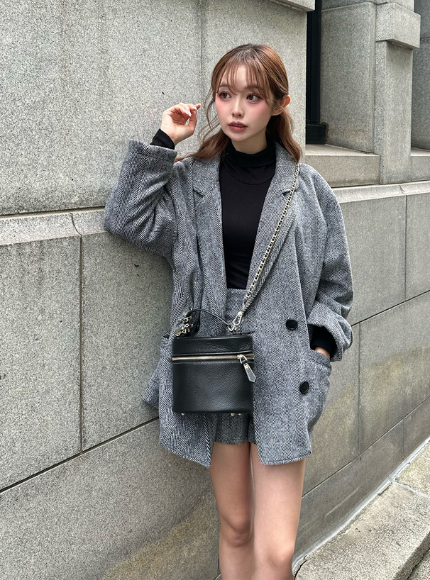 ヘリンボーンダブルジャケット×ショートパンツセットアップ[ta191