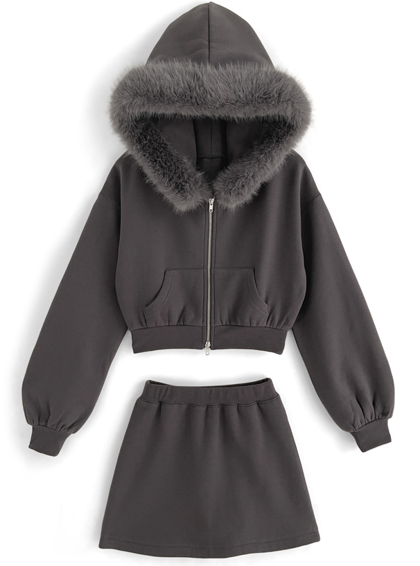 ファーフードジップパーカー×ミニスカートセットアップ[tu935