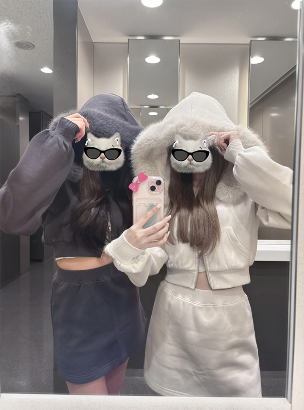 ファーフードジップパーカー×ミニスカートセットアップ[tu935