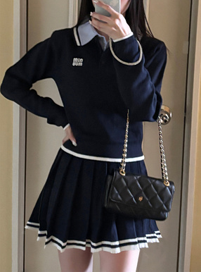 ポロニットトップス×インパン裏地付きプリーツミニスカート