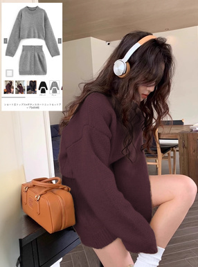 ショート丈トップス×ボタンスカートニットセットアップ[sd048