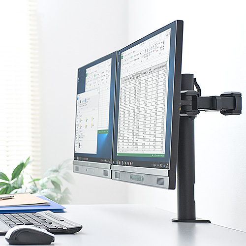 モニターアーム（デュアルモニター対応・2台設置・3関節・クランプ固定