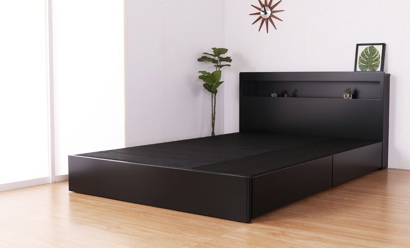 引き出し 収納ベッド 棚・コンセント・LED照明付き ホワイト ブラック