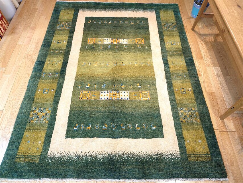 ペルシャ ギャッベ リビング ラグ 198x155cm 緑色 黄緑色 パネル ヤギ