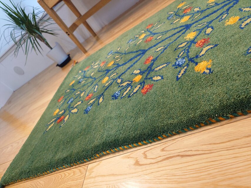ペルシャ ギャッベ 玄関マット大 ウール 120x78cm 緑色 生命の木