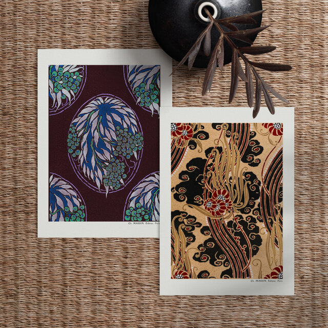 A4【アンティーク オリエンタル花柄アールデコ ポショワール