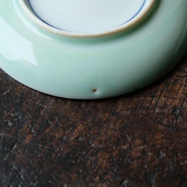 青磁に金彩◇草花と漢字。瀬戸焼 青磁金彩小皿 骨董/antiques 明治