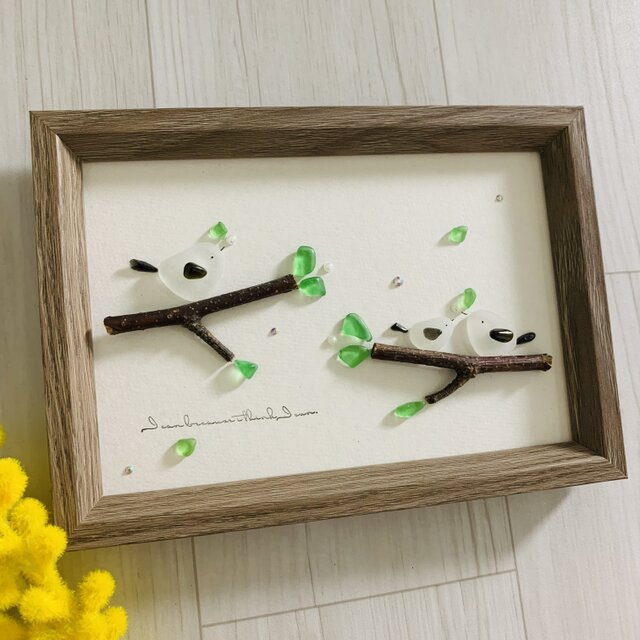 シーグラスアート インテリア雑貨 シマエナガ家族 観葉植物 小鳥 置物