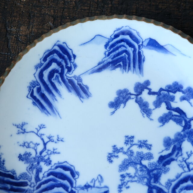 特価¥1800→¥1000】青い山水の絵◇伊万里 印判イゲ皿 中皿 骨董