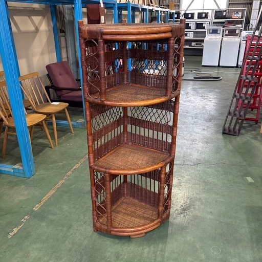 ラタンコーナーラック籐扇型昭和レトロ天然素材茶色ダークブラウン収納