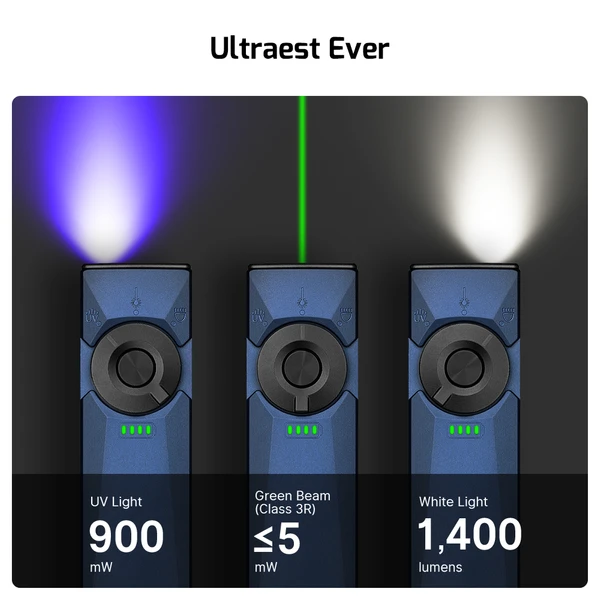 Arkfeld Ultra 3-in-1 EDC Flashlight 1400 Lumens UV Green Laser OAL