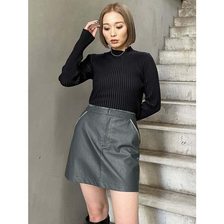 ヴィンテージライクフェイクレザーミニスカート[品番：MKSW0060126