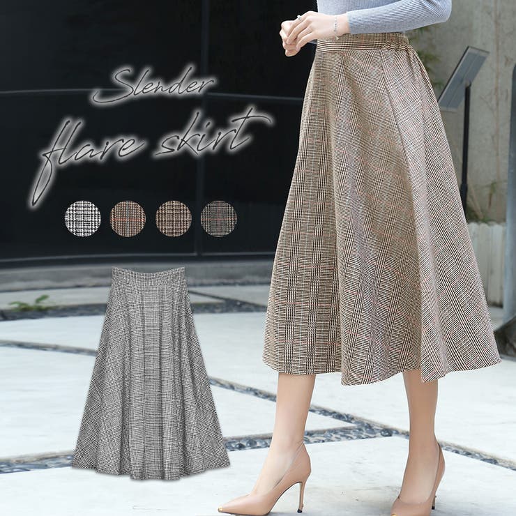 ミモレ丈チェックフレアスカート 膝丈 グレンチェック[品番