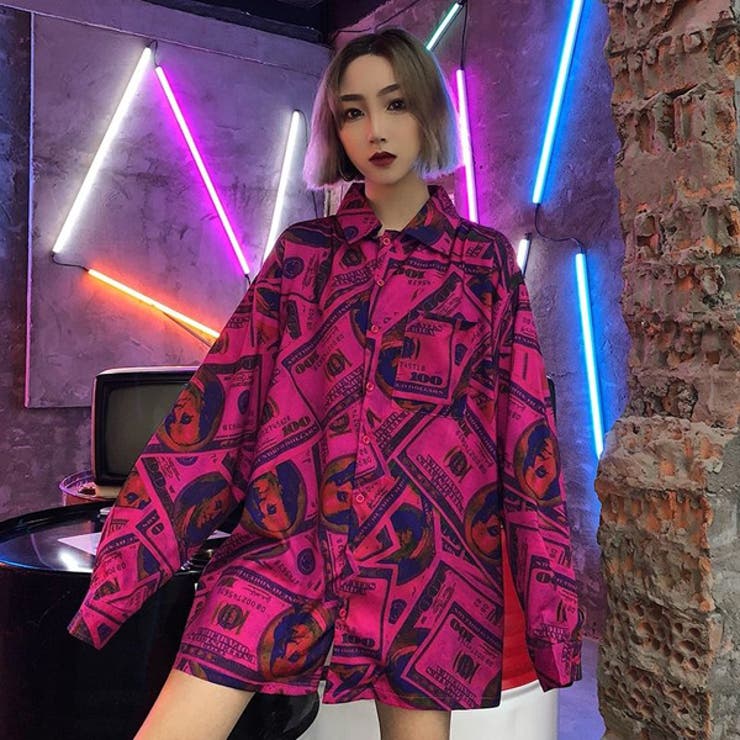柄シャツ 紙幣柄 ピンク[品番：DCTW0003549]｜Decorative