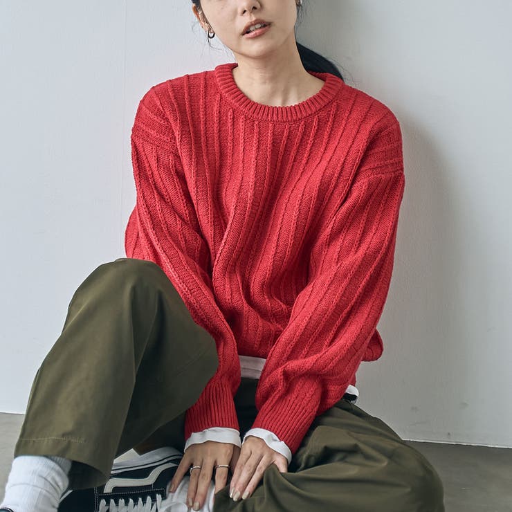 毛玉抑制/帯電防止】チェーンストライプクルーネックニット[品番