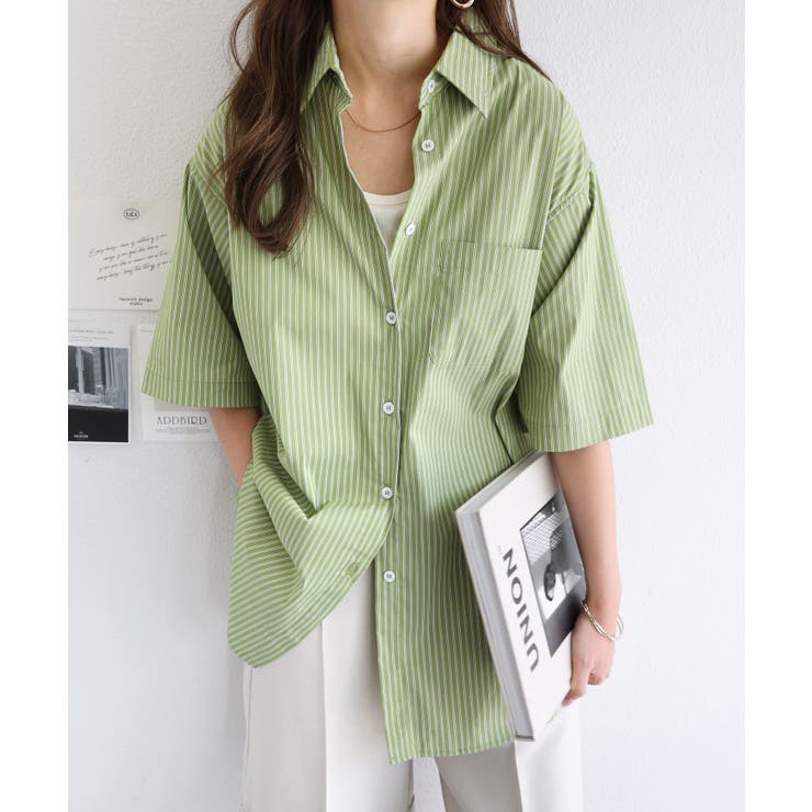 グリーンスパンズ ベージュ ストライプ 半袖シャツ ストライプ 半袖