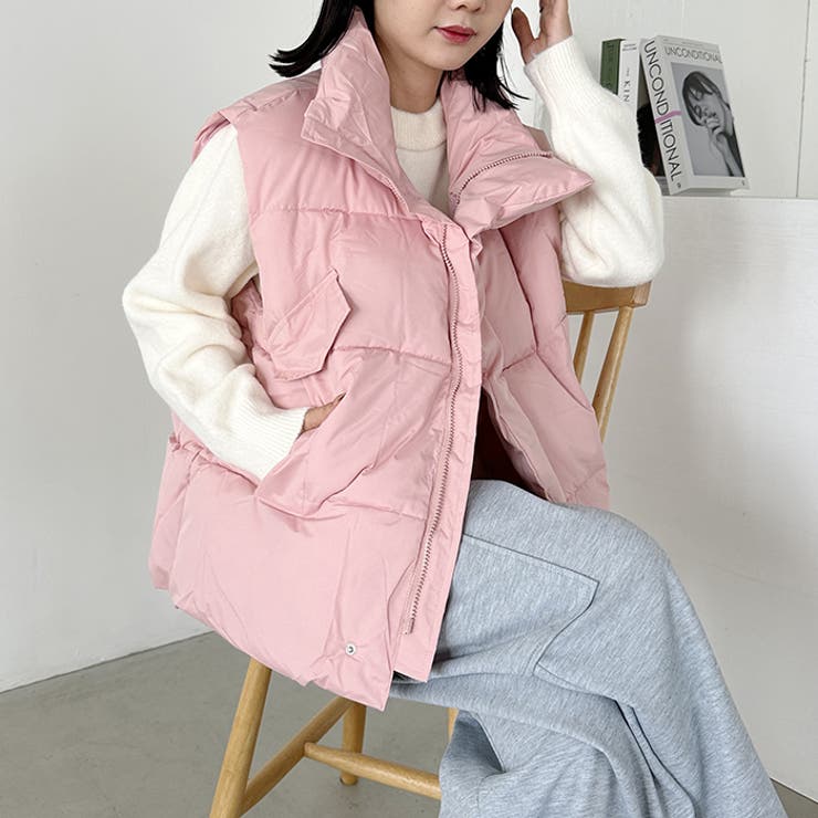 スタンドカラーフェイクダウンオーバーサイズベスト[品番：OUTW0000027