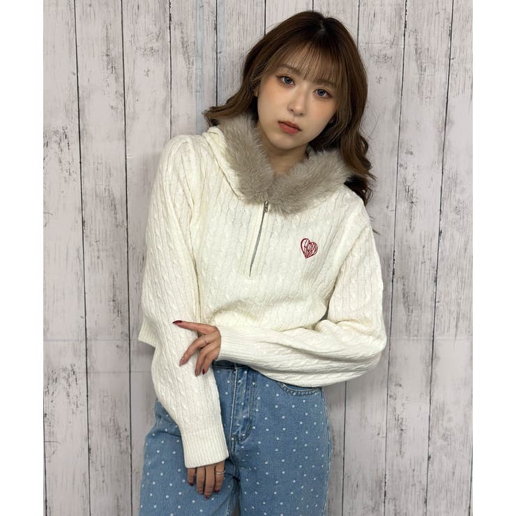 ケーブル編み×ファーフード》ハーフZIPニットプルオーバー／秋冬