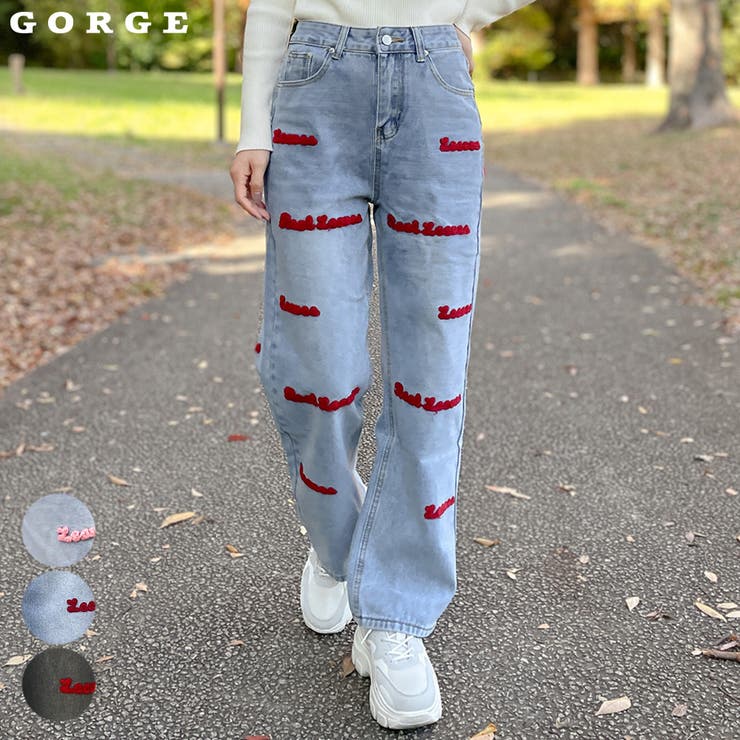 ロゴサガラ刺繍×ストレート》レディース デニムパンツ ワイド[品番