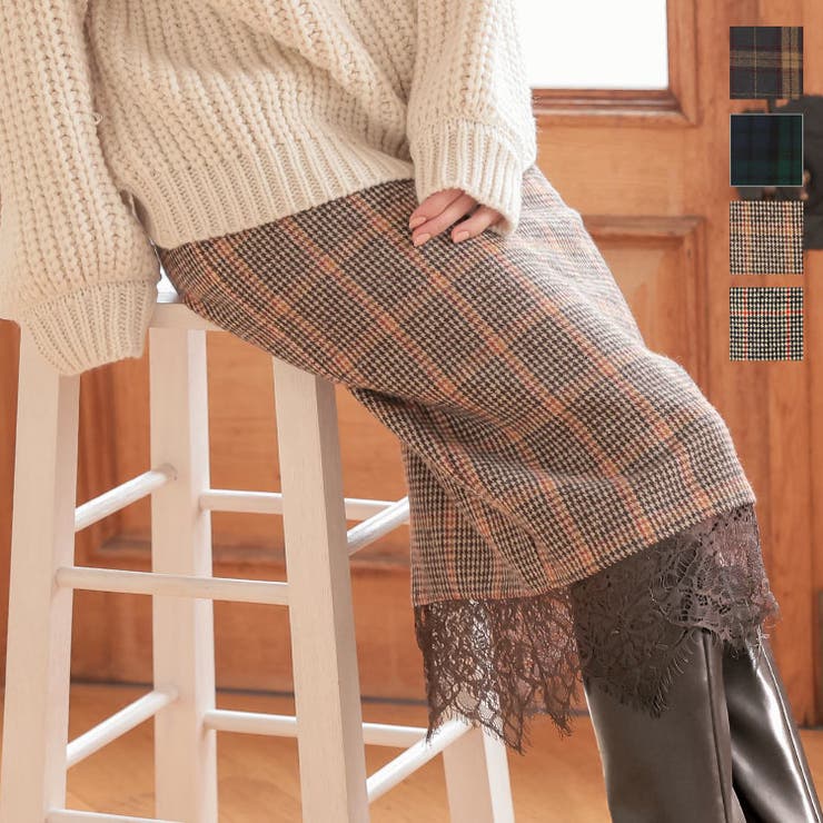 バックウエストゴム裾レースチェック柄タイトスカート [M3144