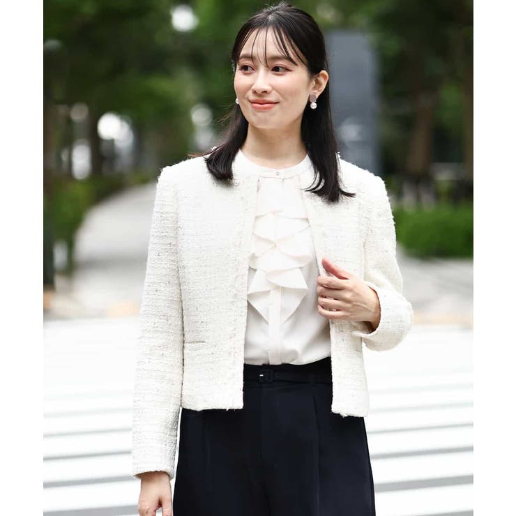 ノーカラーファンシーツイードジャケット/セットアップ対応/洗える