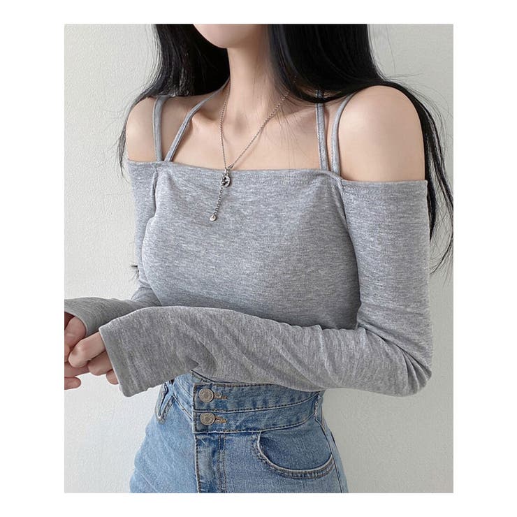 オフショルダーホルターネックスリムtシャツ 長袖 春トップス[品番