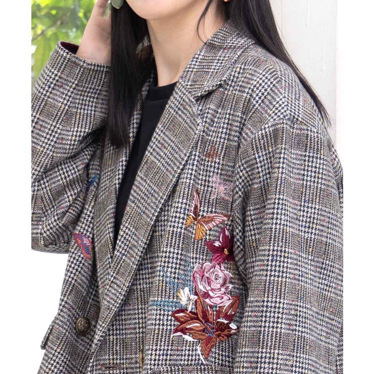 花蝶刺繍のオーバーサイズ チェック柄ジャケット[品番：SRSW0000321