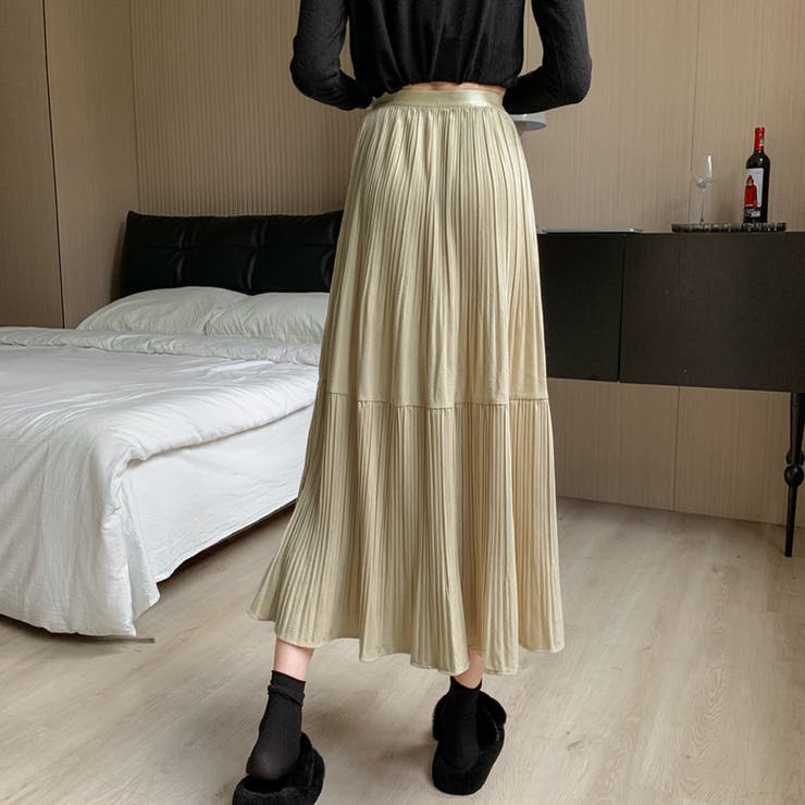 プリーツスカートロング黒 無地スカート ひざ下[品番：JRKW0004490