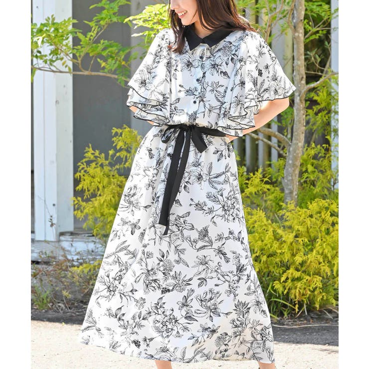 ベルト付きフレアスリーブ花柄ワンピース[品番：RPSW0001776]｜rps