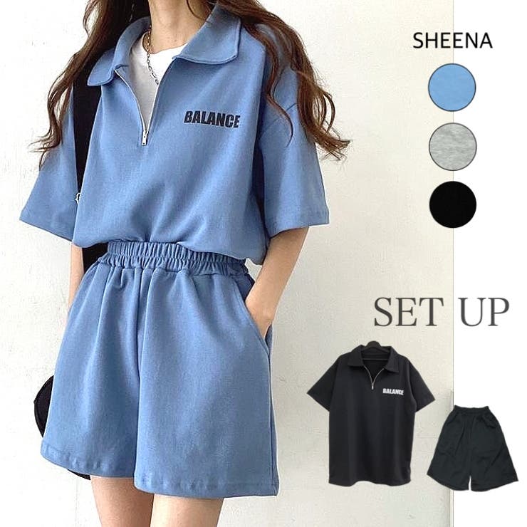 ハーフジップトップス×ハーフパンツSET 夏 韓国[品番：SHNW0007691