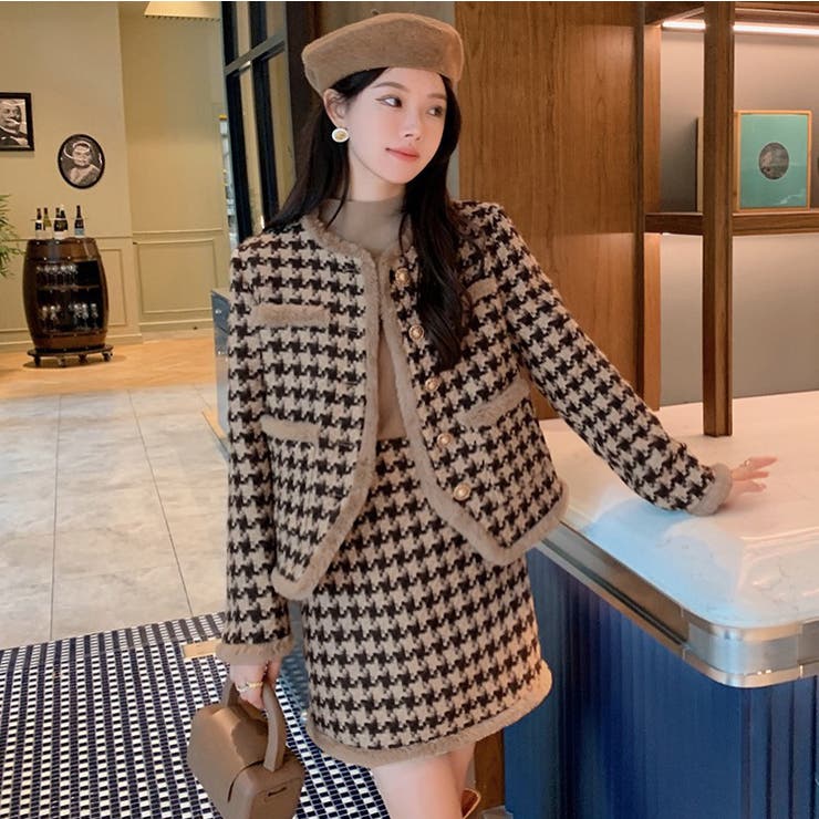 千鳥柄ジャケット+ハイウエストミニスカート セットアップ ファー裏地