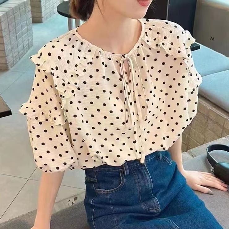 夏新作】トップス 水玉柄トップス 特殊皺[品番：SHNW0007084]｜Achic