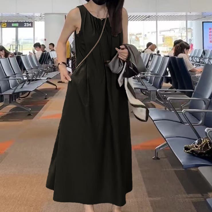 バックオープンリボンショルダーノースリーブワンピース[品番