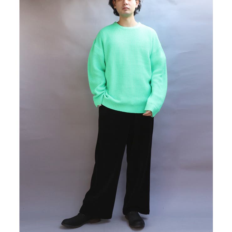 ニットセーター メンズ セーター クルーネック 畦編み 蛍光 [品番