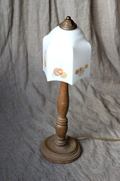 ガラスランプシェード付 木製テーブルランプスタンド イギリス