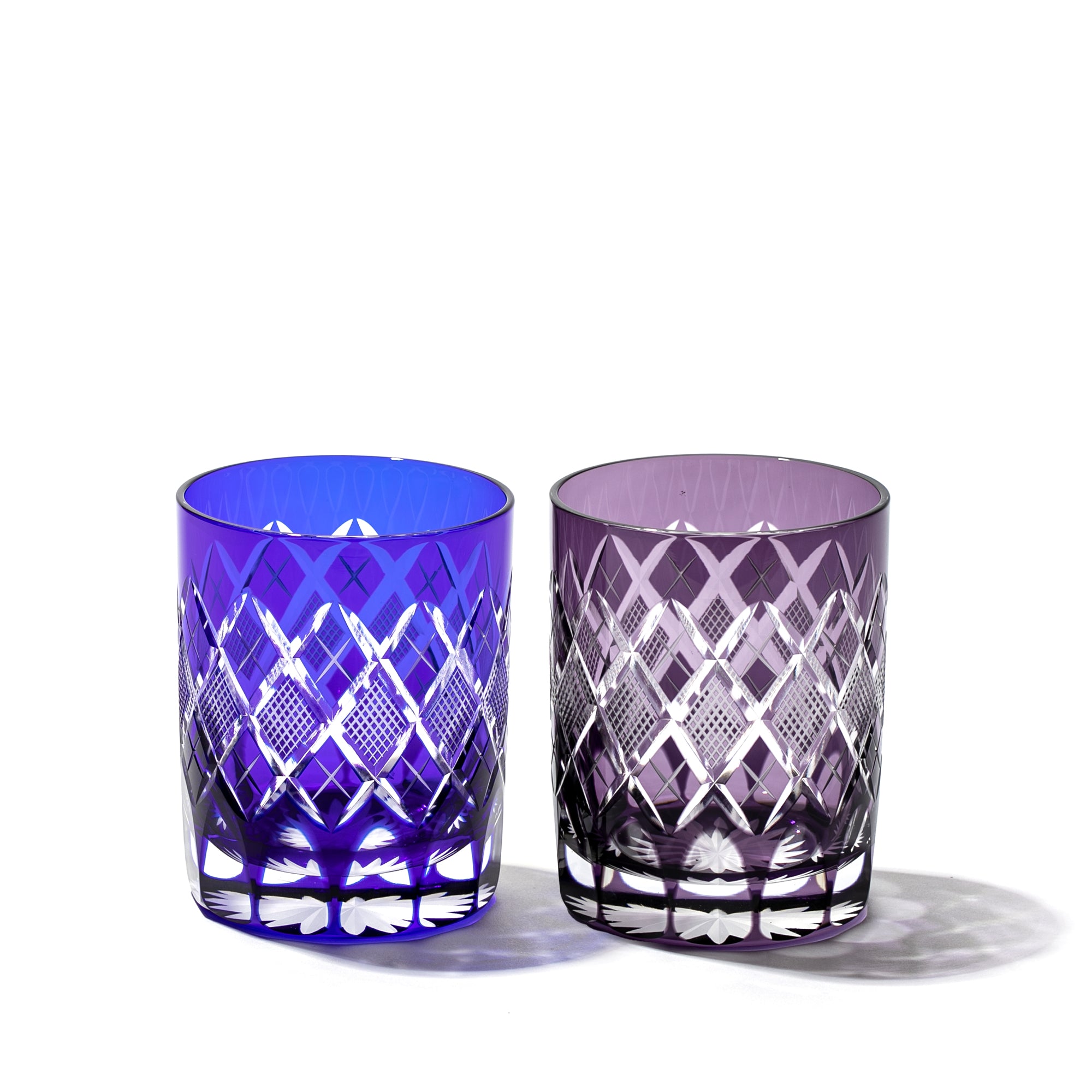 江戸切子 矢来魚子紋 オールドグラスペア 赤・ルリ ｜江戸切子グラス