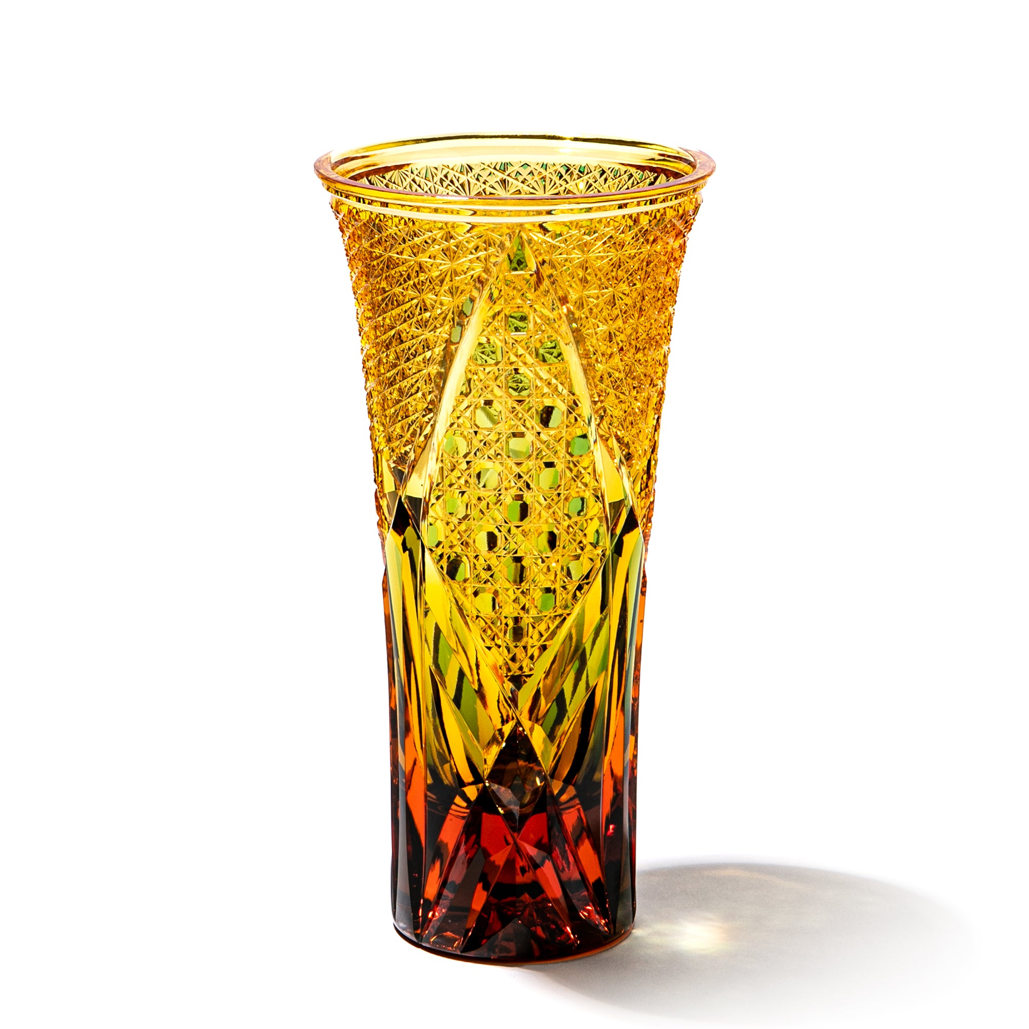 江戸切子 伝統工芸士 木村泰典 作 菊繋ぎに籠目紋 花瓶 金赤 ｜江戸