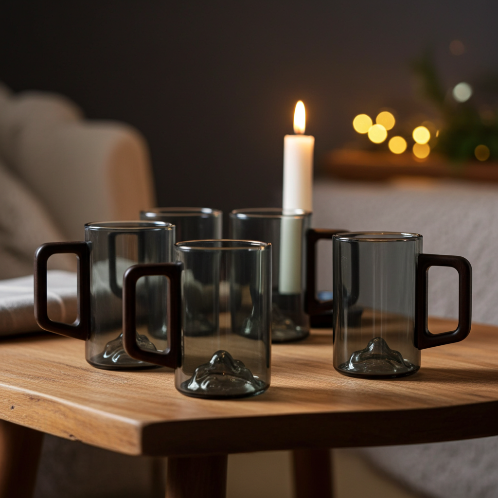 Smokey Gray Glass Coffee Cup - Abstract Mountain Bottom Design