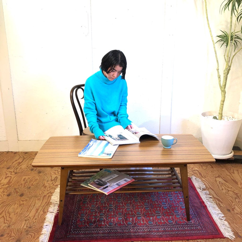 カリモク60 リビングテーブル 大 中古 レトロ 木 棚付き