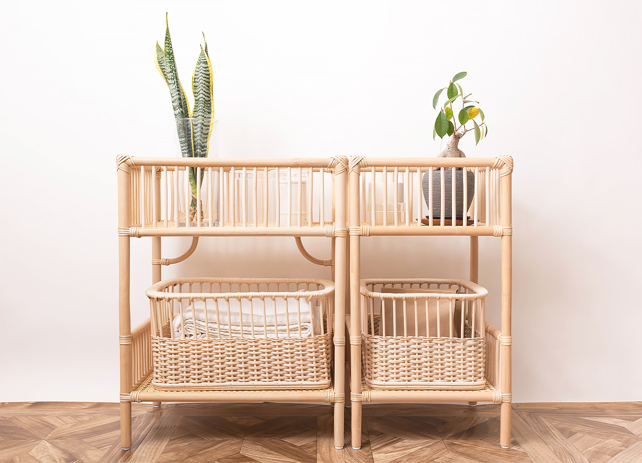 日本製 籐のランドリーラック カゴ付き|ラタン 脱衣かご| 2段 3段