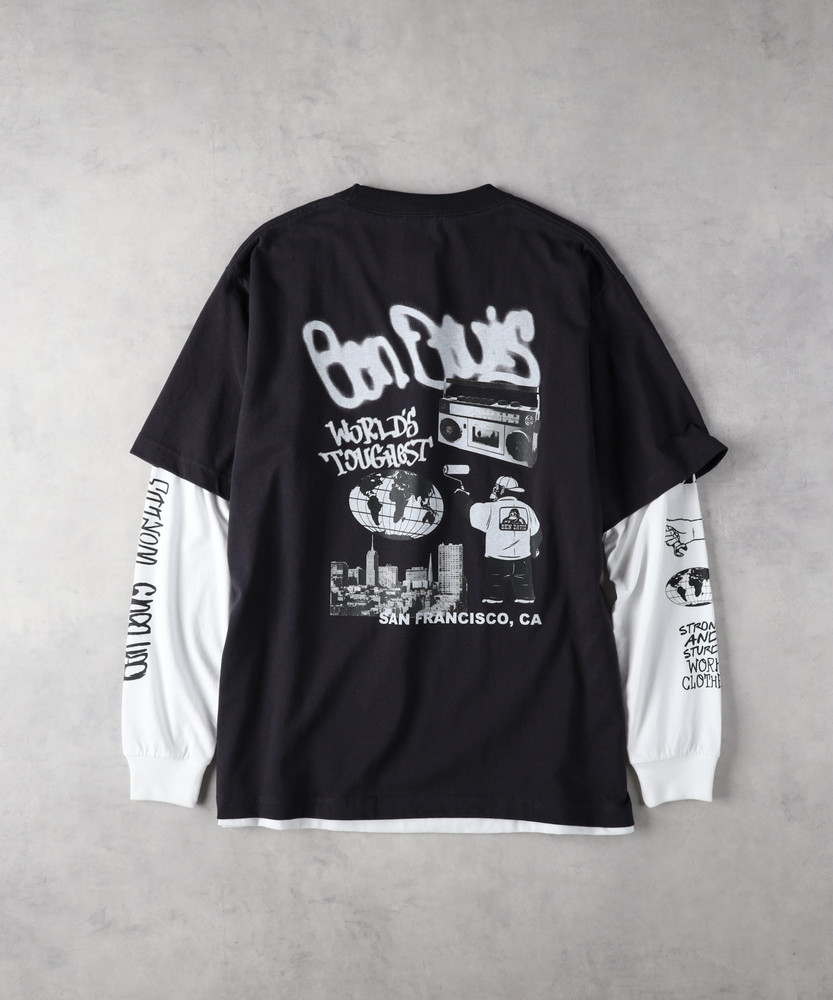 リアルレイヤードロングスリーブプリントTシャツ(M ネイビー