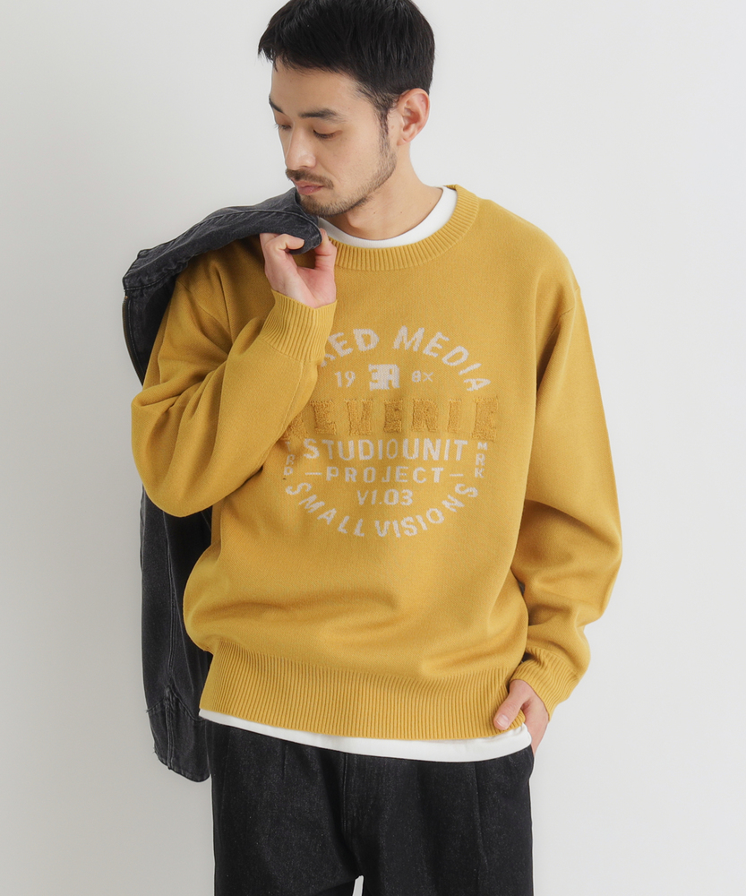 アクリルサークルロゴクルーネックセーター(M オリーブ): トップス