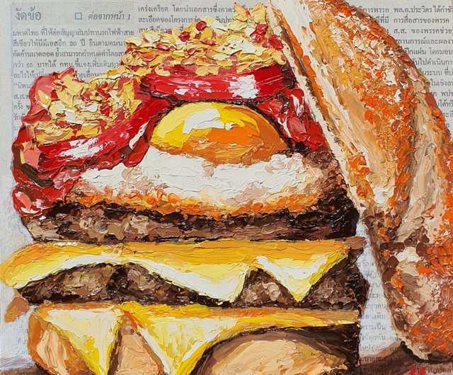タイ ハンバーガーの絵 ファーストフード オリジナルアート 目玉焼き